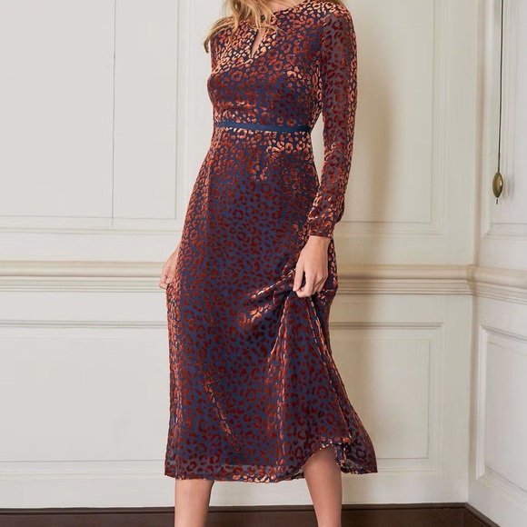 Boden Dresses & Skirts - Boden Marie long sleeve midi dress navy blue orange velvet animal print sz 12
